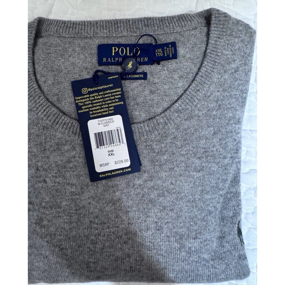 Polo Ralph Lauren XXL Men's Grey Washable Cashmere Crew Sweater. NWT Preppy